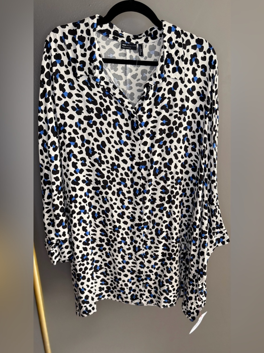 ASOS NWT Design Blue Black Leopard Print Button Blouse EU 48 US 16 Chic Luxe